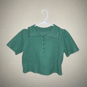 VINTAGE women’s Dazy green pointelle-knit polo collared shirt sweater size L